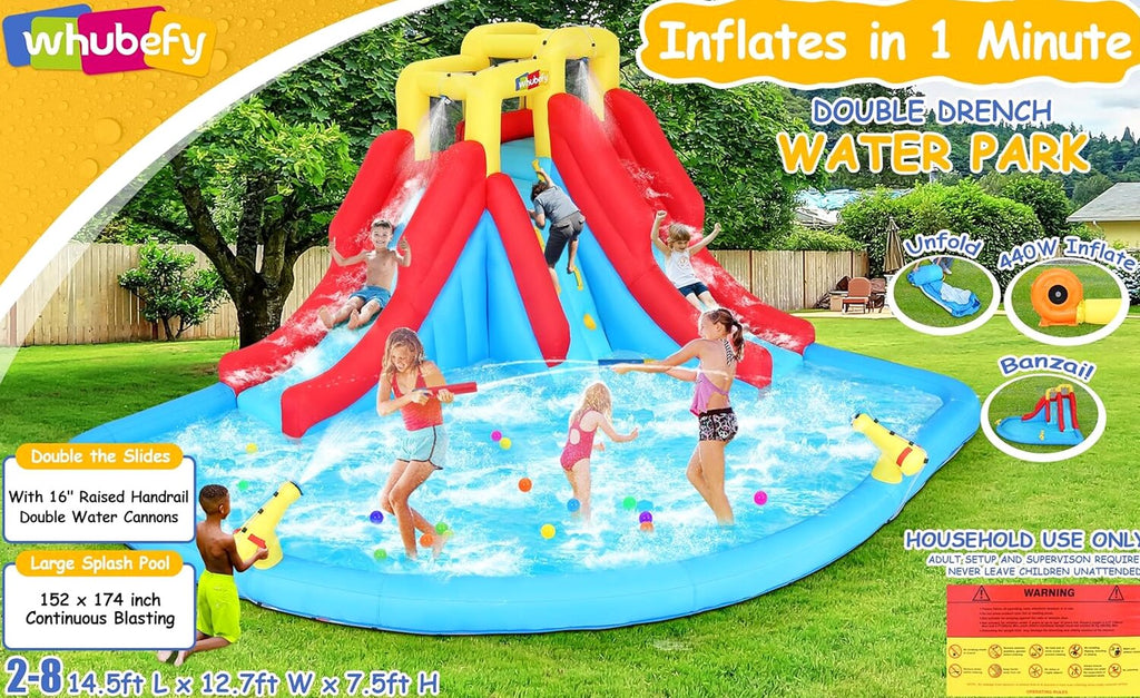 Inflatable Water Slides for Kids 8-in-1 Bounce House Water Park with 450W Blower Climbing Wall, Splash Pool, 2 Water Cannons, Basketball Hoop, Water Slide, Crocodile Sprinkler for Gift Backyard Party