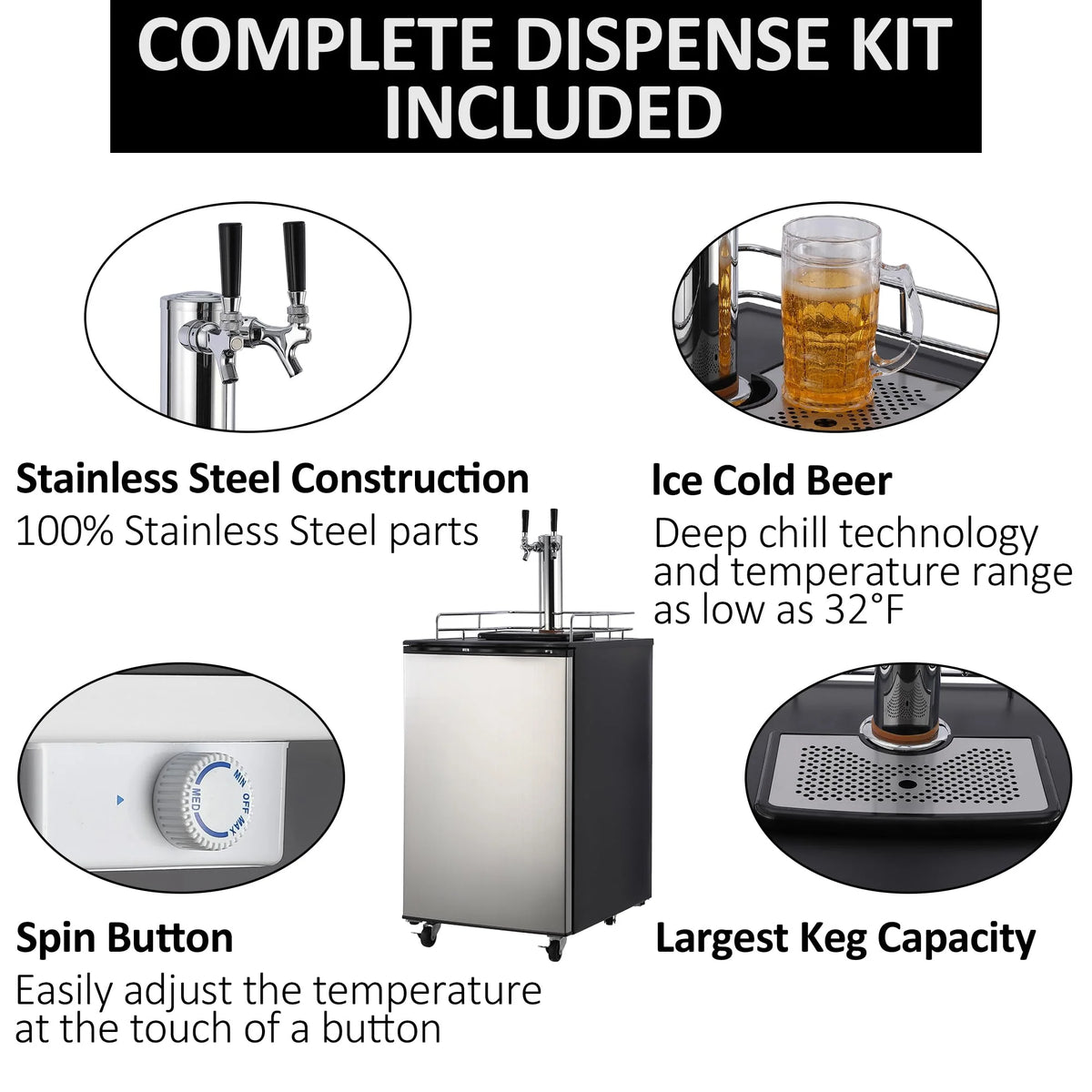 Dual-Tap Stainless Steel Beer Kegerator, 170L With Drip Tray