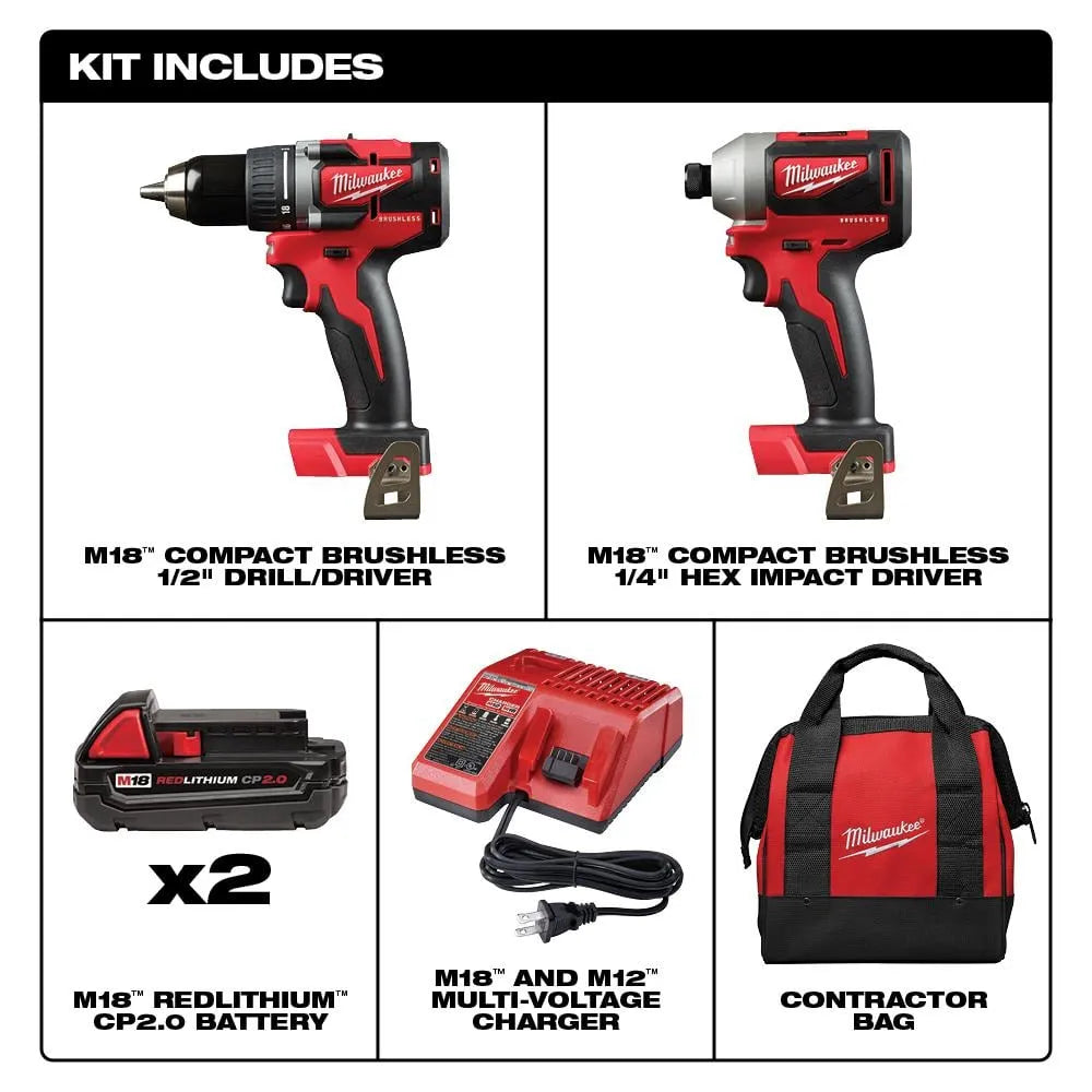 Milwaukee M18 18V Lithium-Ion Brushless Compact Drill/Impact Combo Kit, 2-Tool - 2892-22CT