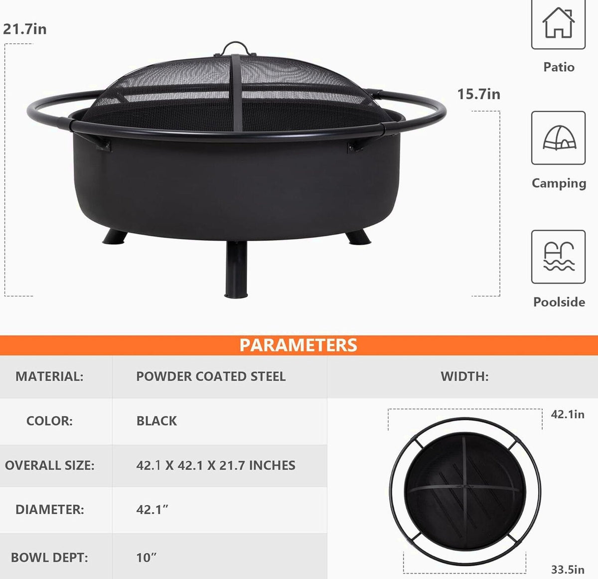 SUNCREAT 42” Patio Fire Pit Wood Burning with Mesh Spark Screen, Bonfire Outdoor firepit with Fireplace Poker, Black