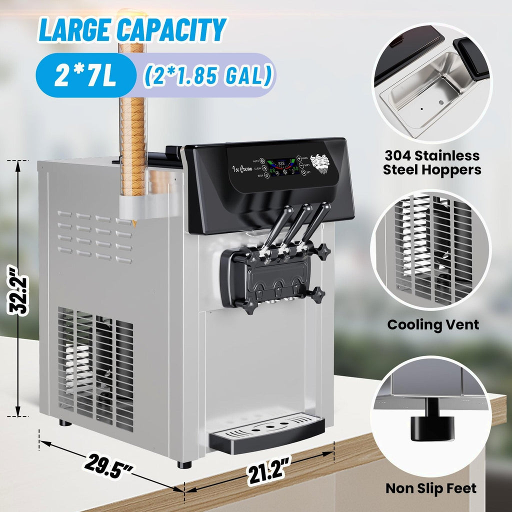 2200W Commercial Ice Cream Machine, 3 Flavor Soft Serve Ice Cream Machine, 5.3-7.4 Gal/Hr, with LCD Touch Screen, Automatic Cleaning, High Productivity for Home Snack Bar &amp; Restaurants