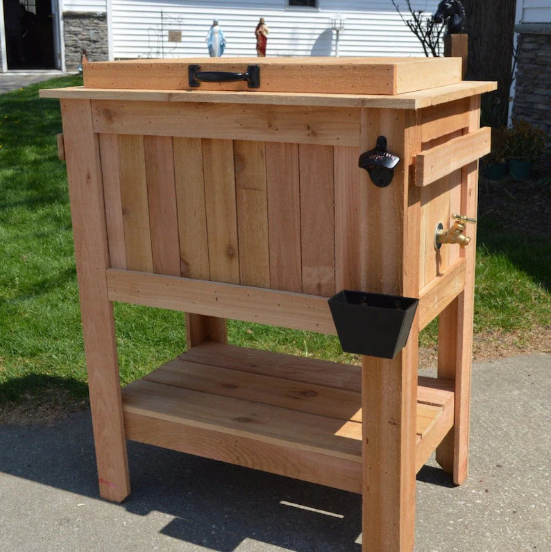 Inked Woodworking 48 Quart Antiqued Cedar Cooler Stand With Brass Drain, Bottle Opener And Cap Catcher