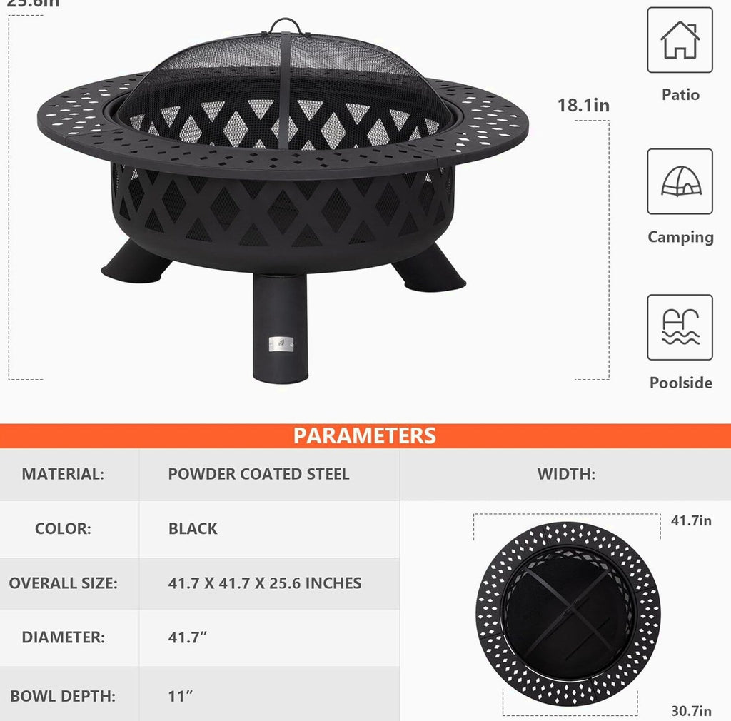 SUNCREAT 42” Patio Fire Pit Wood Burning with Mesh Spark Screen, Bonfire Outdoor firepit with Fireplace Poker, Black