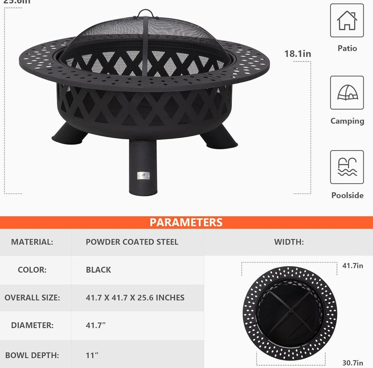 SUNCREAT 42” Patio Fire Pit Wood Burning with Mesh Spark Screen, Bonfire Outdoor firepit with Fireplace Poker, Black