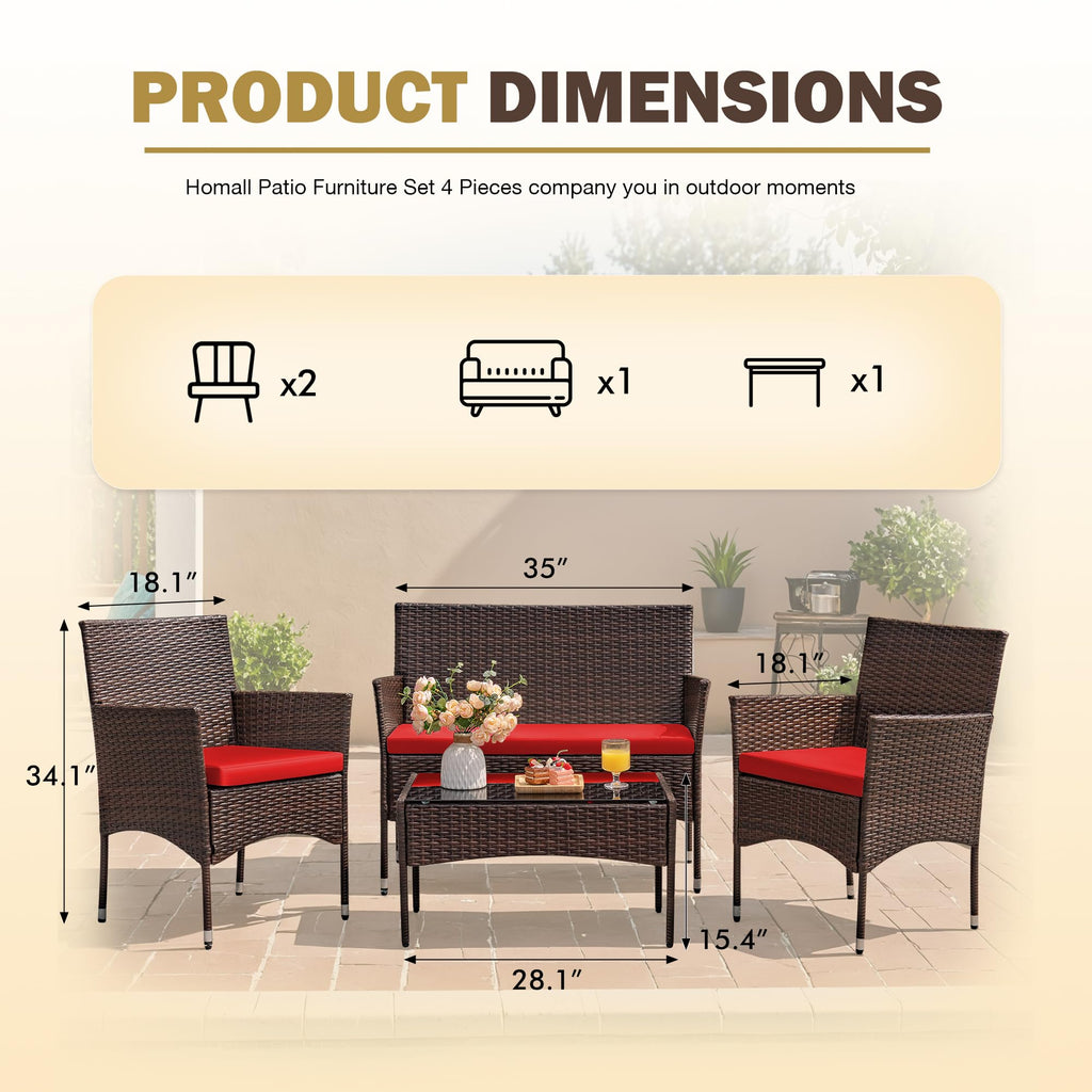 4-Piece Outdoor Patio Furniture Set With Rattan Wicker Chairs, Loveseat And Glass-Top Table