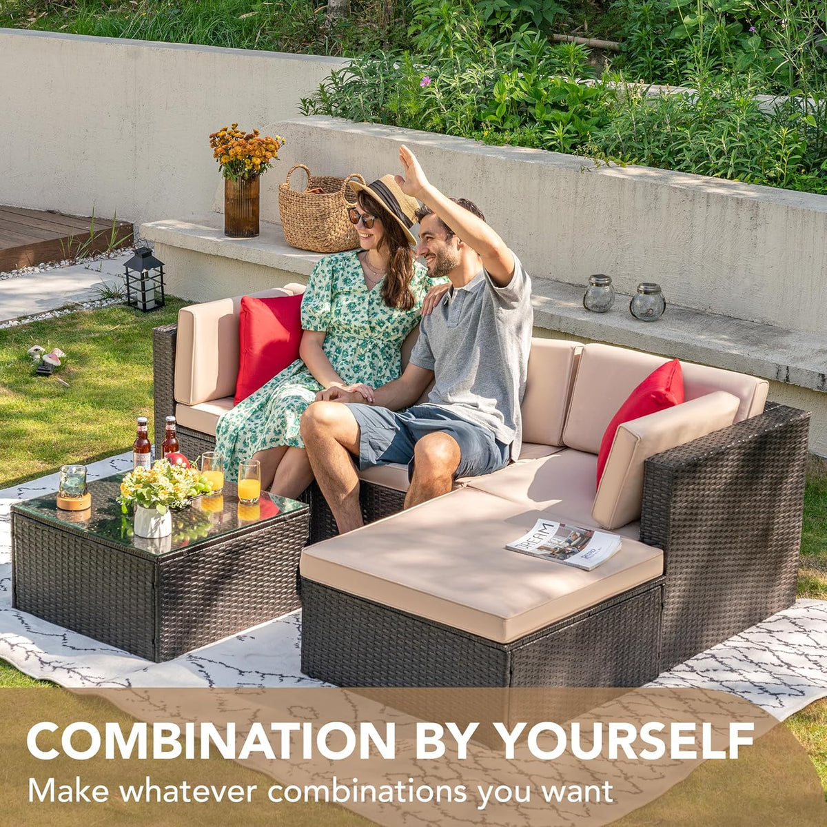 Devoko 5-Piece Outdoor Sectional Patio Sofa Set With Cushions And Glass Table - Beige