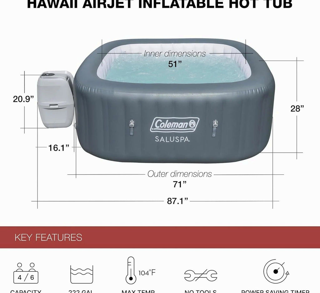 4 to 6 Person Inflatable Hot Tub Square Portable Outdoor Spa with 114 Soothing AirJets and Insulated Cover, Gray-Coleman