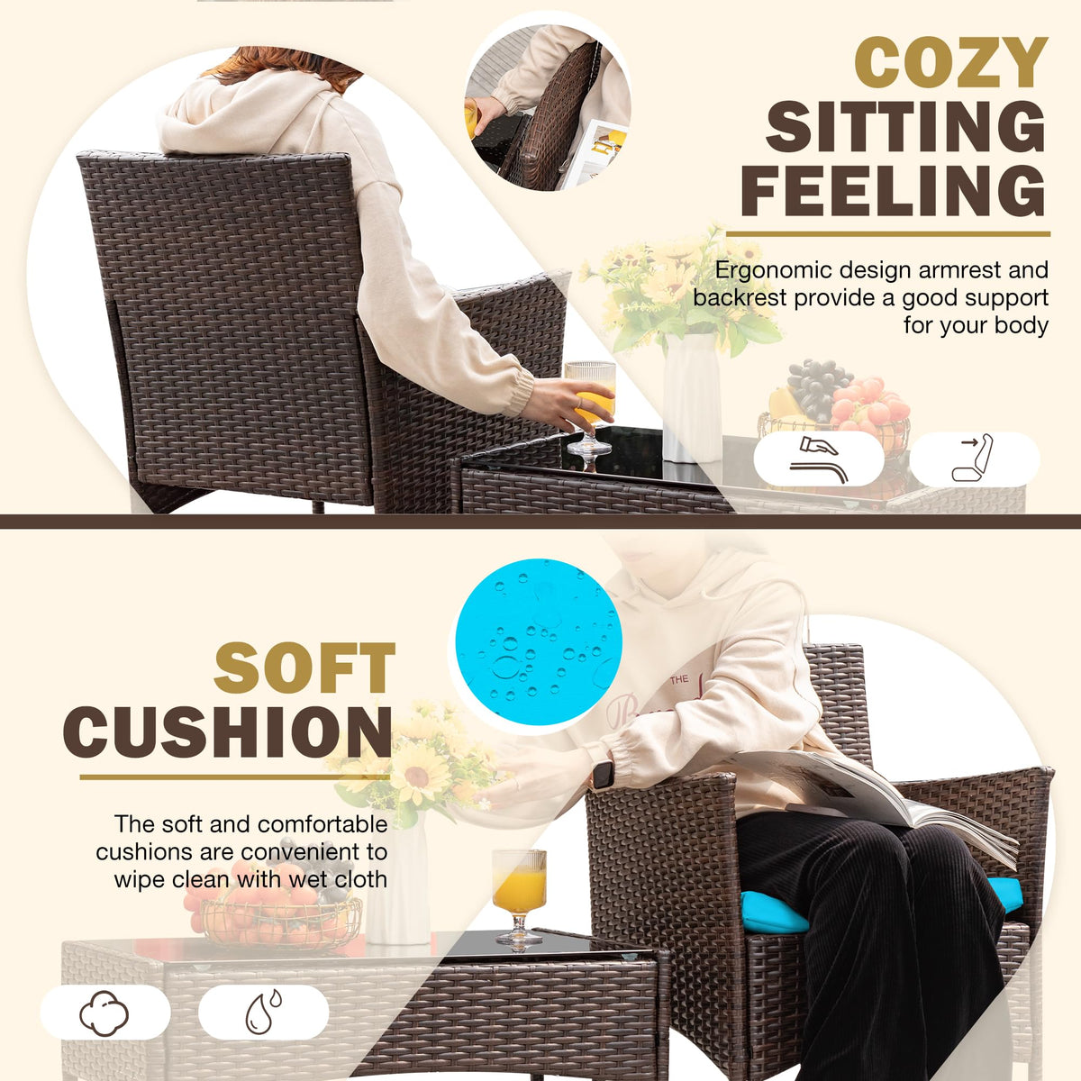 4-Piece Outdoor Patio Furniture Set With Rattan Wicker Chairs, Loveseat And Glass-Top Table