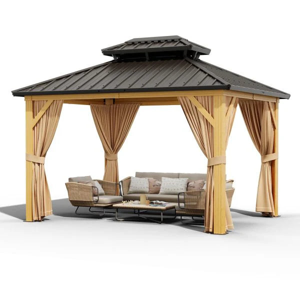 10X13 FT Outdoor Galvanised Steel Hardtop Gazebo With Netting And Sunshade Curtains, Khaki