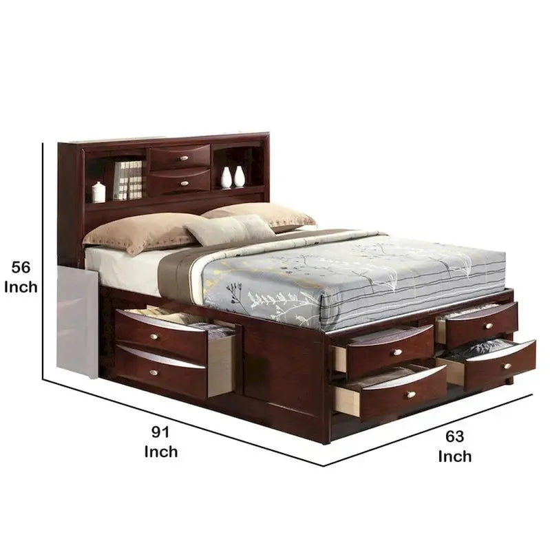 Panel-Style Queen Bookcase Bed With Drawers - Brown