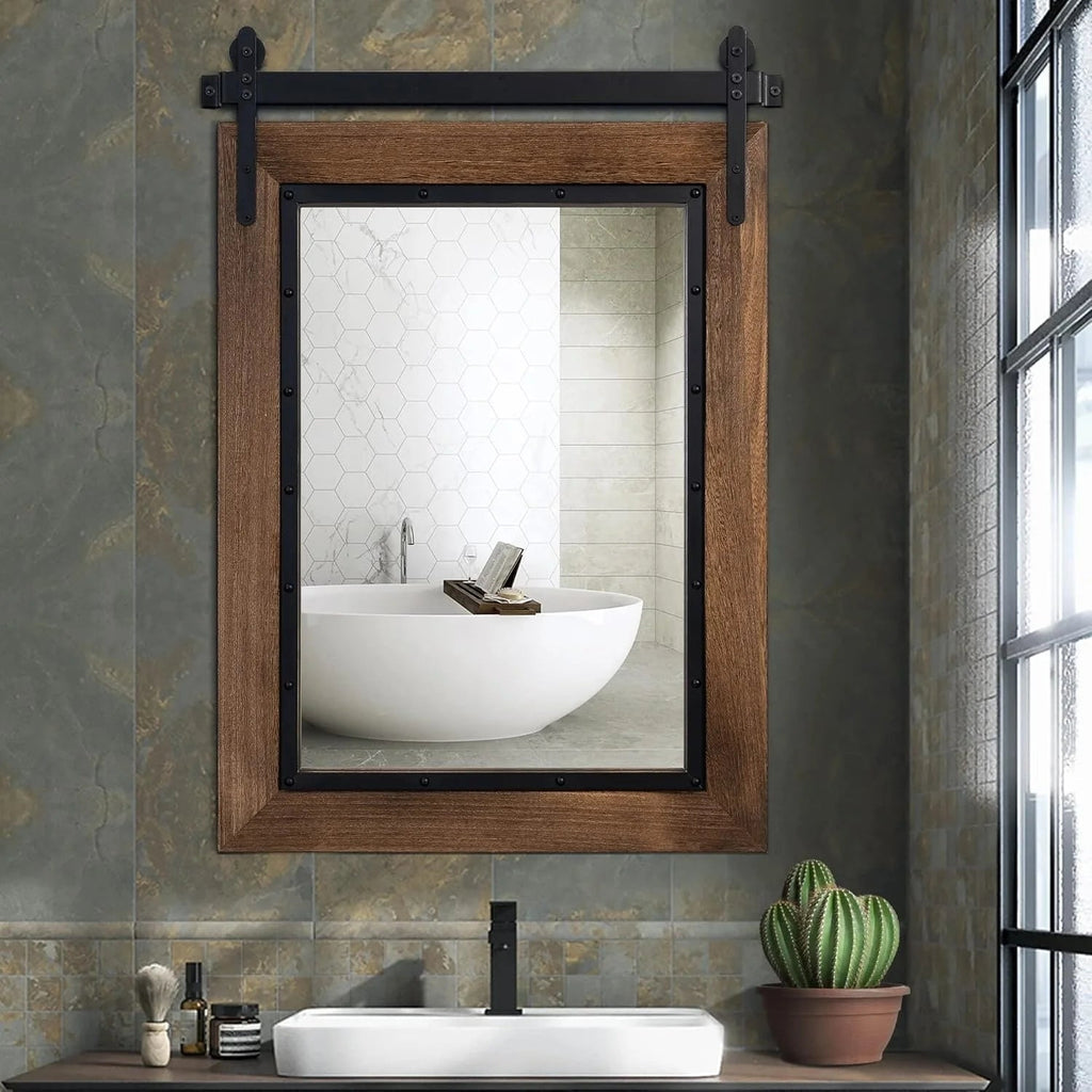 Farmhouse Barn Door Style Bathroom Vanity Mirror, Natural Wood, 24in W x 32in H x 1.25in D to 48in W x 30in H x 1.25in D