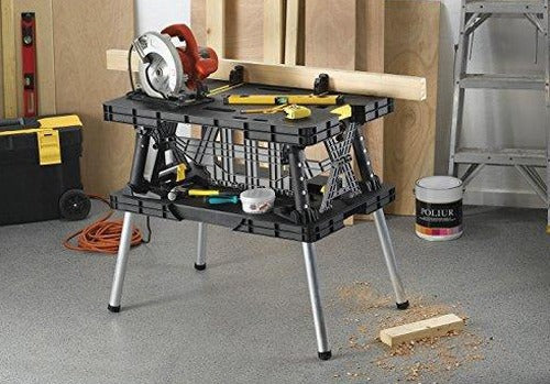 Keter ?C 197283 Folding Table Work Bench for Miter Saw Stand Woodworking Tools and Accessories with Included 12 Inch Wood Clamps ?C Easy Garage Storage Black/Yellow