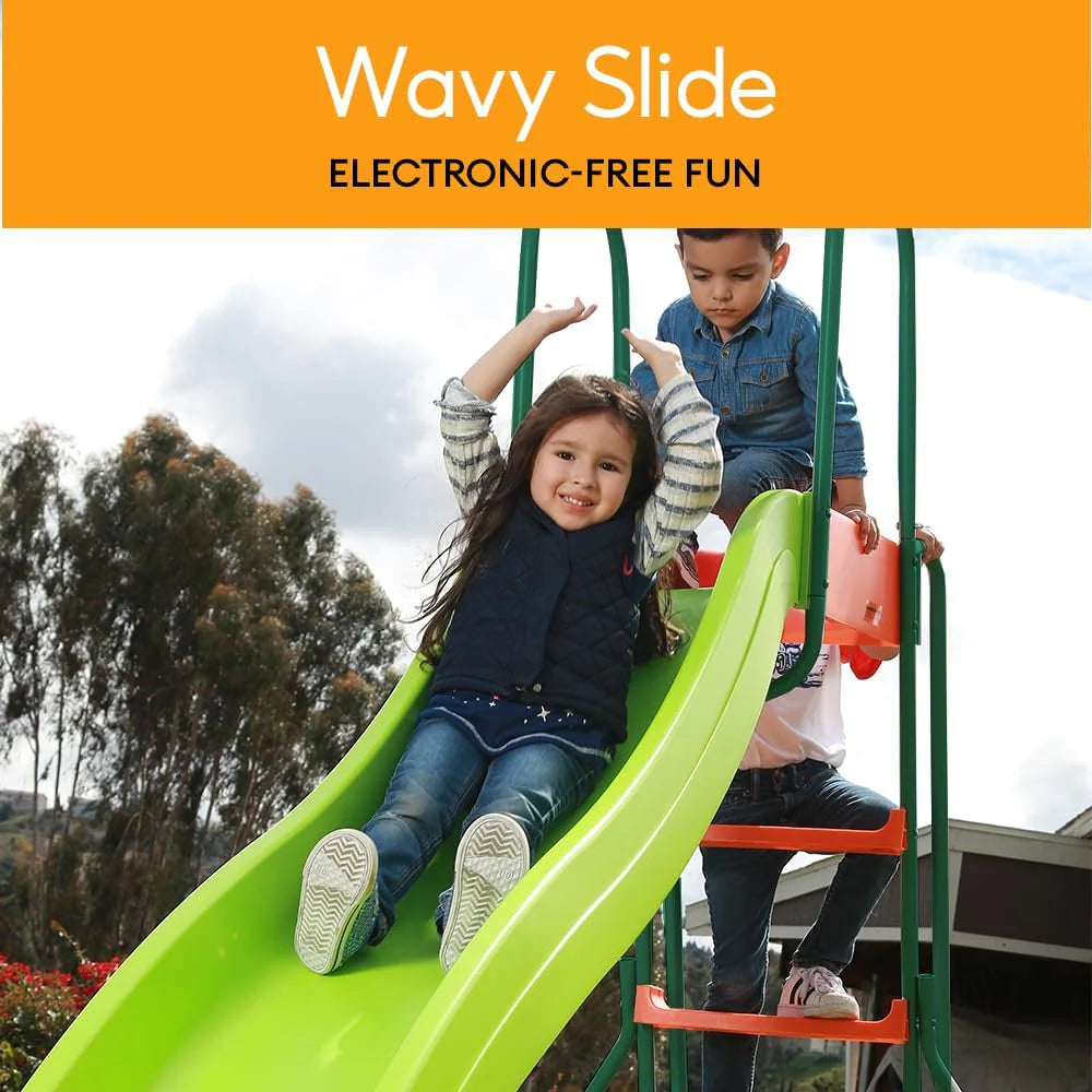 PLATPORTS Outdoor Playground Slide, 10 Ft, 123.59 in L x 58.5 in W x 60.45 in H, Orange/Green, Ages 4-8