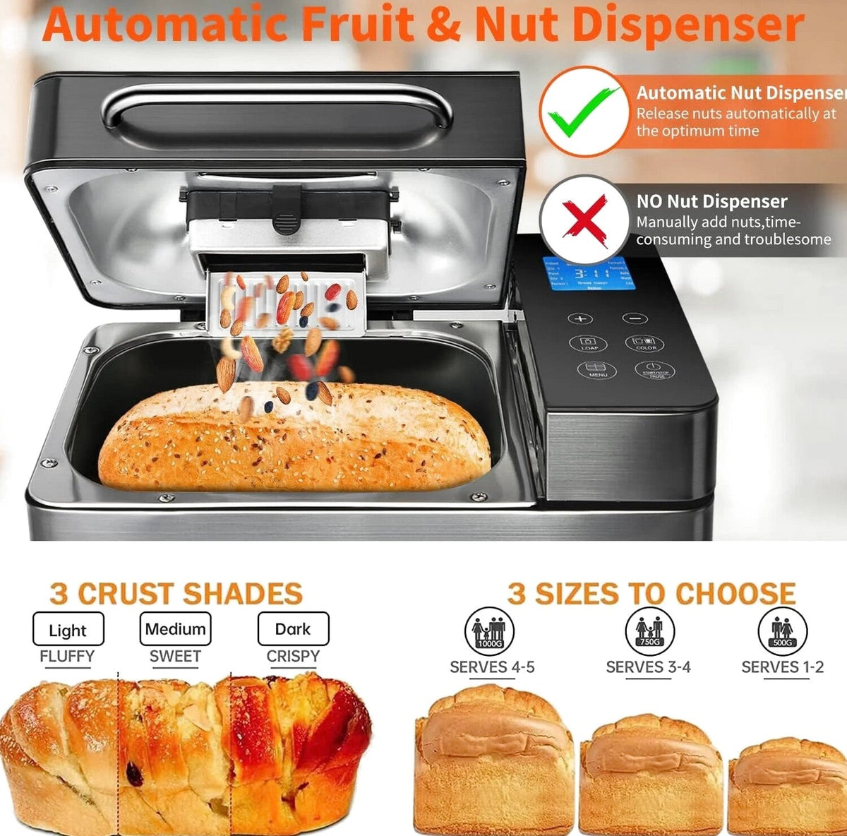 KBS 17-in-1 Stainless Steel Bread Machine with Dual Heaters