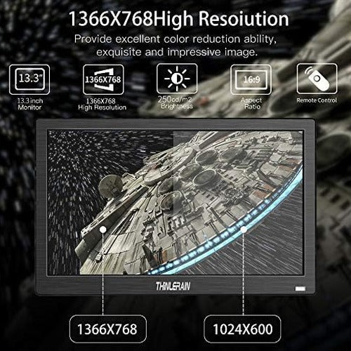 13.3 inch Small PC Monitor 1366x768 Mini LED Monitor with HDMI VGA AV BNC USB Intput, for Fire Stick Computer Xbox Ras pi, Built-in Speaker