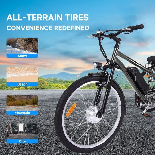 26 Inch Adult 3 Wheel Electric Tricycle with Basket, Fat Tires,7 Speeds,350W Powerful Motor, 36V 10Ah Removable Battery Dark Gray