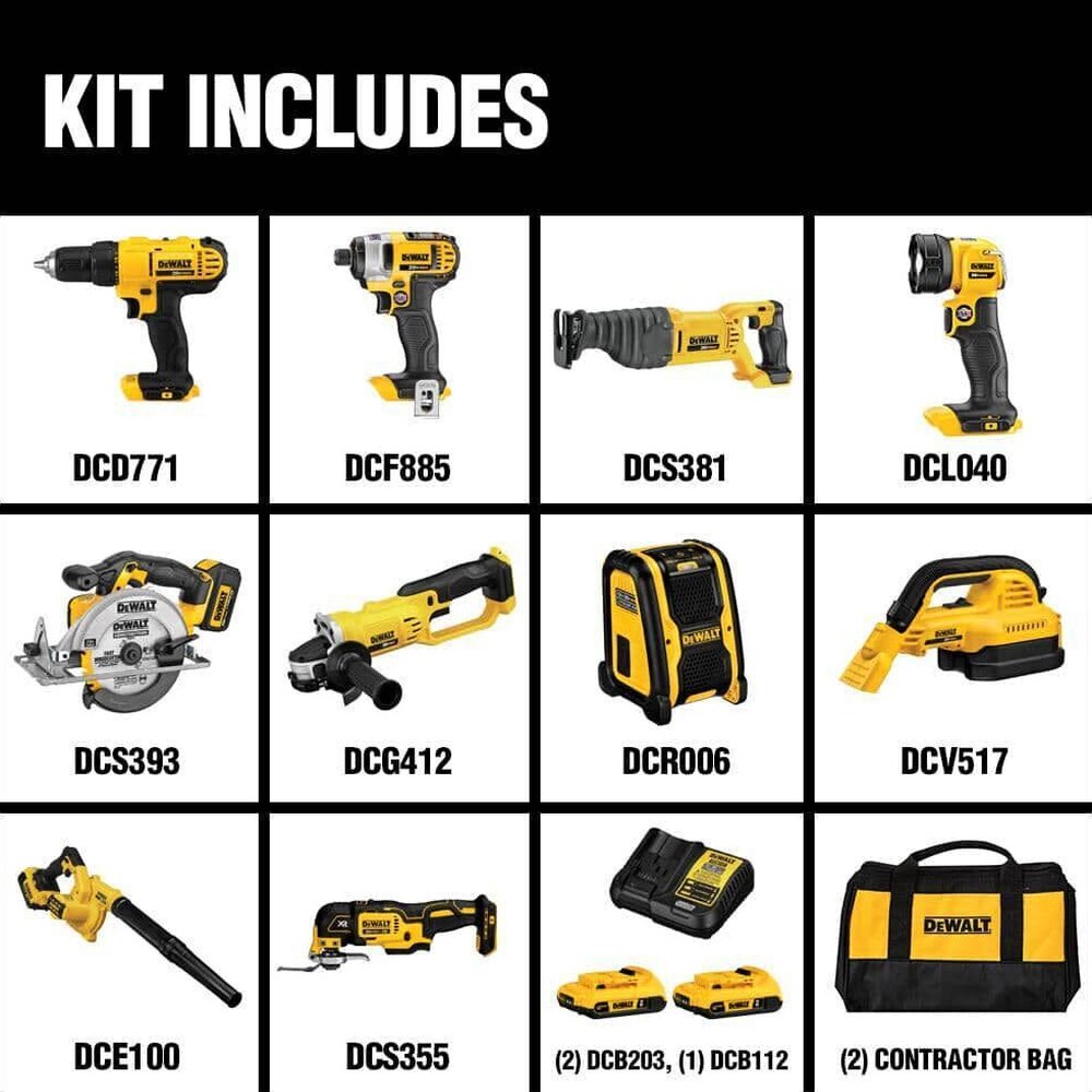 DEWALT 20V MAX 10-Tool Combo Kit with Batteries &amp; Charger - Drill, Impact Driver, Blower, Flashlight, Speaker, Grinder, Saw, Vacuum