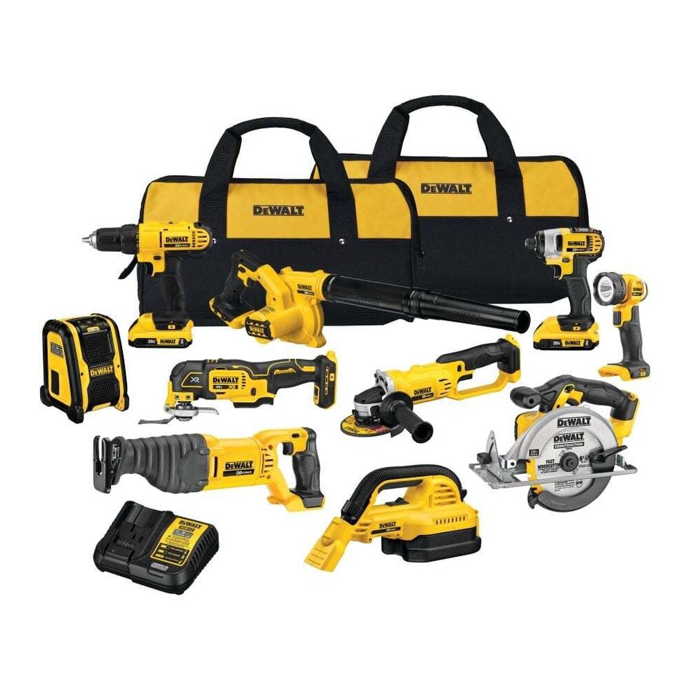 DEWALT 20V MAX 10-Tool Combo Kit with Batteries &amp; Charger - Drill, Impact Driver, Blower, Flashlight, Speaker, Grinder, Saw, Vacuum