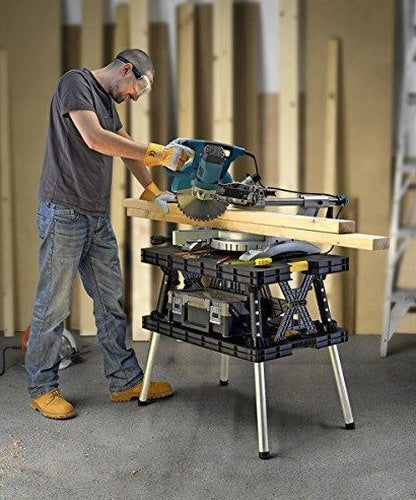 Keter ?C 197283 Folding Table Work Bench for Miter Saw Stand Woodworking Tools and Accessories with Included 12 Inch Wood Clamps ?C Easy Garage Storage Black/Yellow