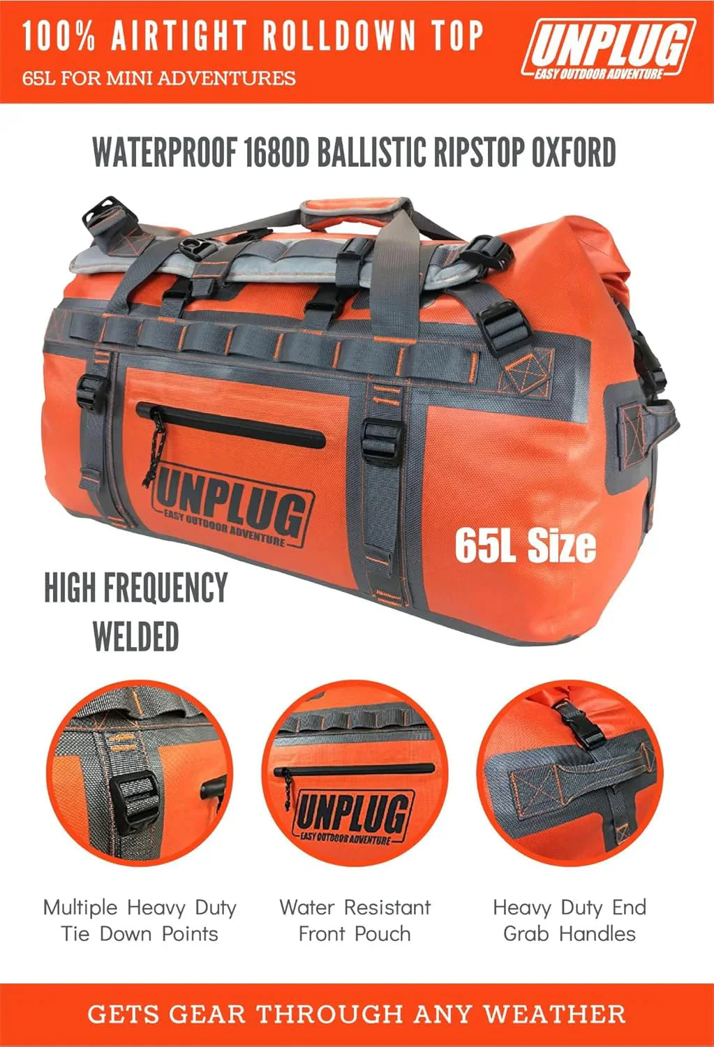 UNPLUG Waterproof Duffel Backpack, 65L, Adventure Orange - 100000