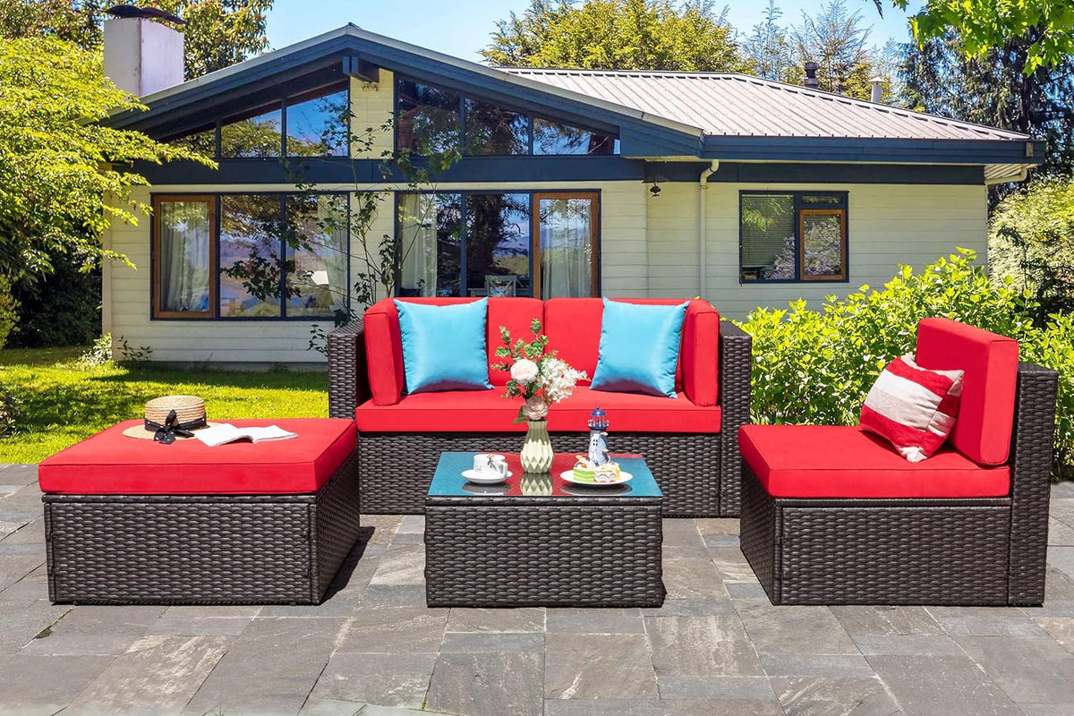 5-Piece All-Weather Wicker Patio Conversation Set With Ottoman And Cushions