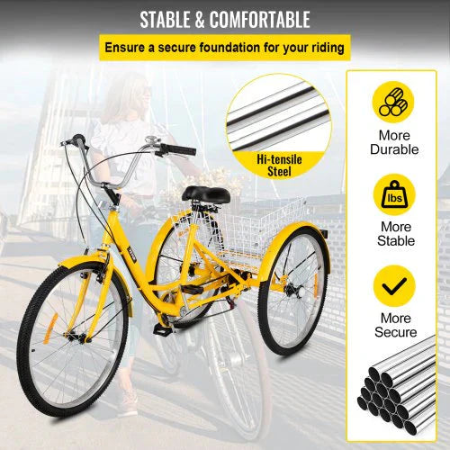 Adult Tricycle 26 in 7 Speed 3 Wheel Bike With Basket - Yellow