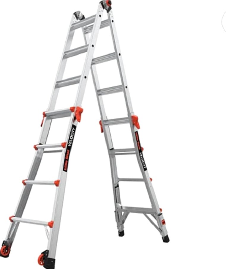17-foot foldable multi-position ladder, made of aluminum, with a load capacity of 300 pounds, 1A type super heavy-duty, 18-foot extension length, equipped with a ratchet leveling device and wheels