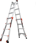 17-foot foldable multi-position ladder, made of aluminum, with a load capacity of 300 pounds, 1A type super heavy-duty, 18-foot extension length, equipped with a ratchet leveling device and wheels