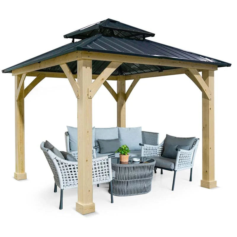 Outdoor Patio Hardtop Gazebo, 10 x 10 Ft, Wood Frame, 2-Tier Metal Roof, Gray