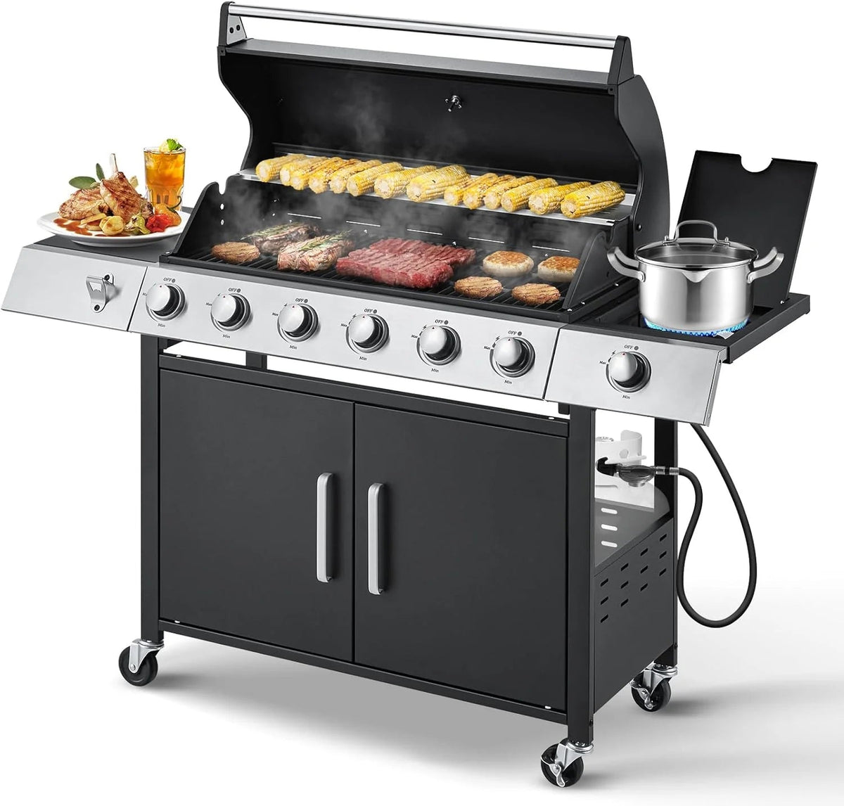 4-Burner Propane Gas Grill With Cast Iron Grates, Side Stove And 44,000 BTU Stainless Steel Burners