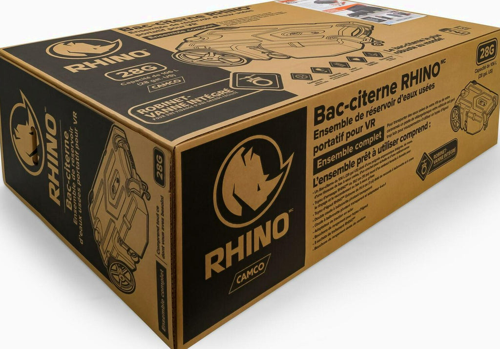 Camco Rhino Heavy Duty 28 Gallon Portable RV Waste Holding Tank with Hose and Accessories Durable Leak Free and Odorless RV Tote Tank (39004)