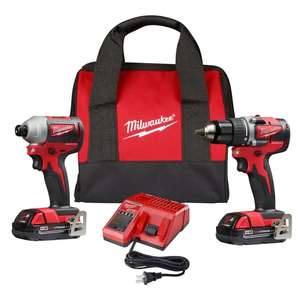 Milwaukee M18 18V Lithium-Ion Brushless Compact Drill/Impact Combo Kit, 2-Tool - 2892-22CT
