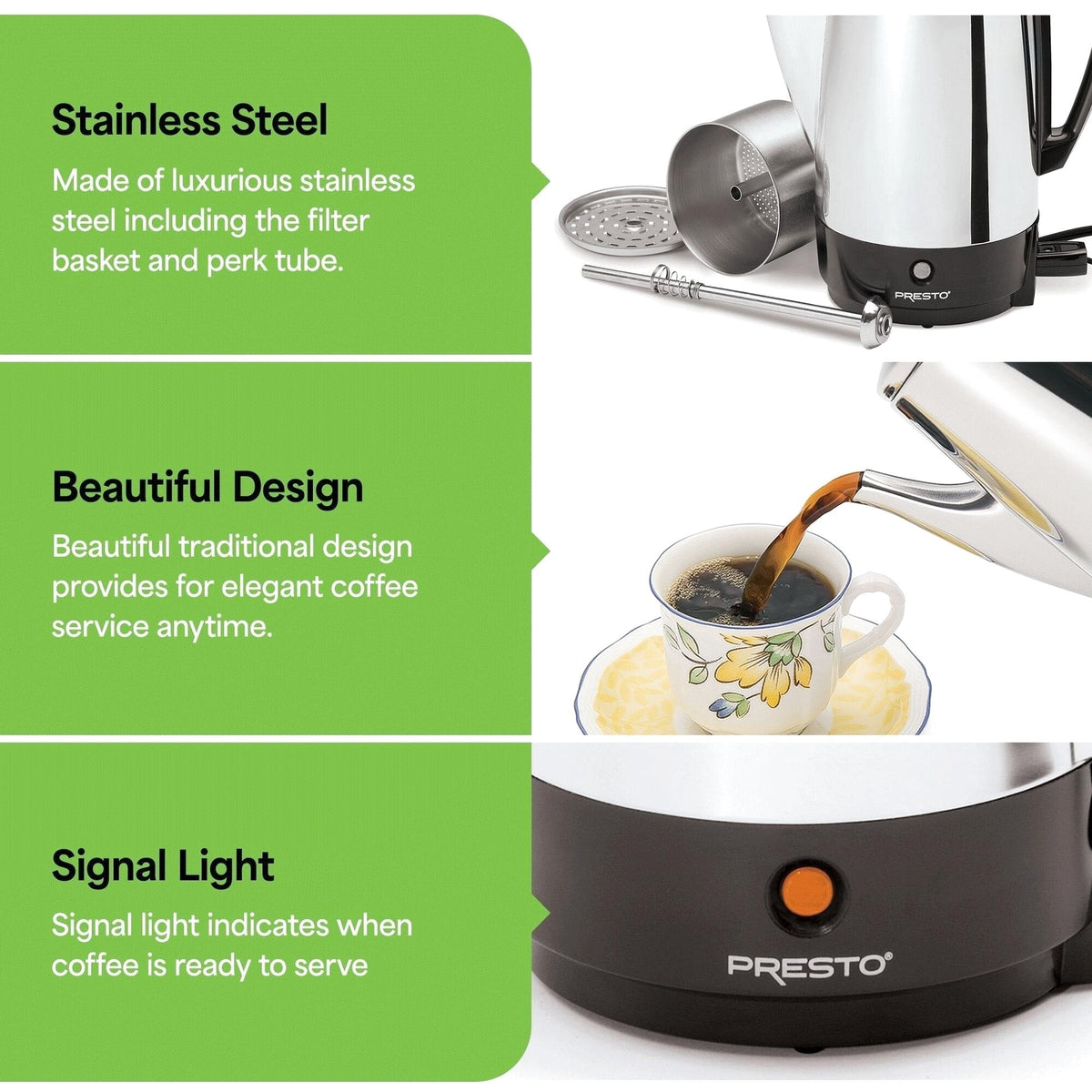 Presto Stainless Steel Coffee Maker, 12 Cup Robust Percolator Coffee, Silver - 2.79