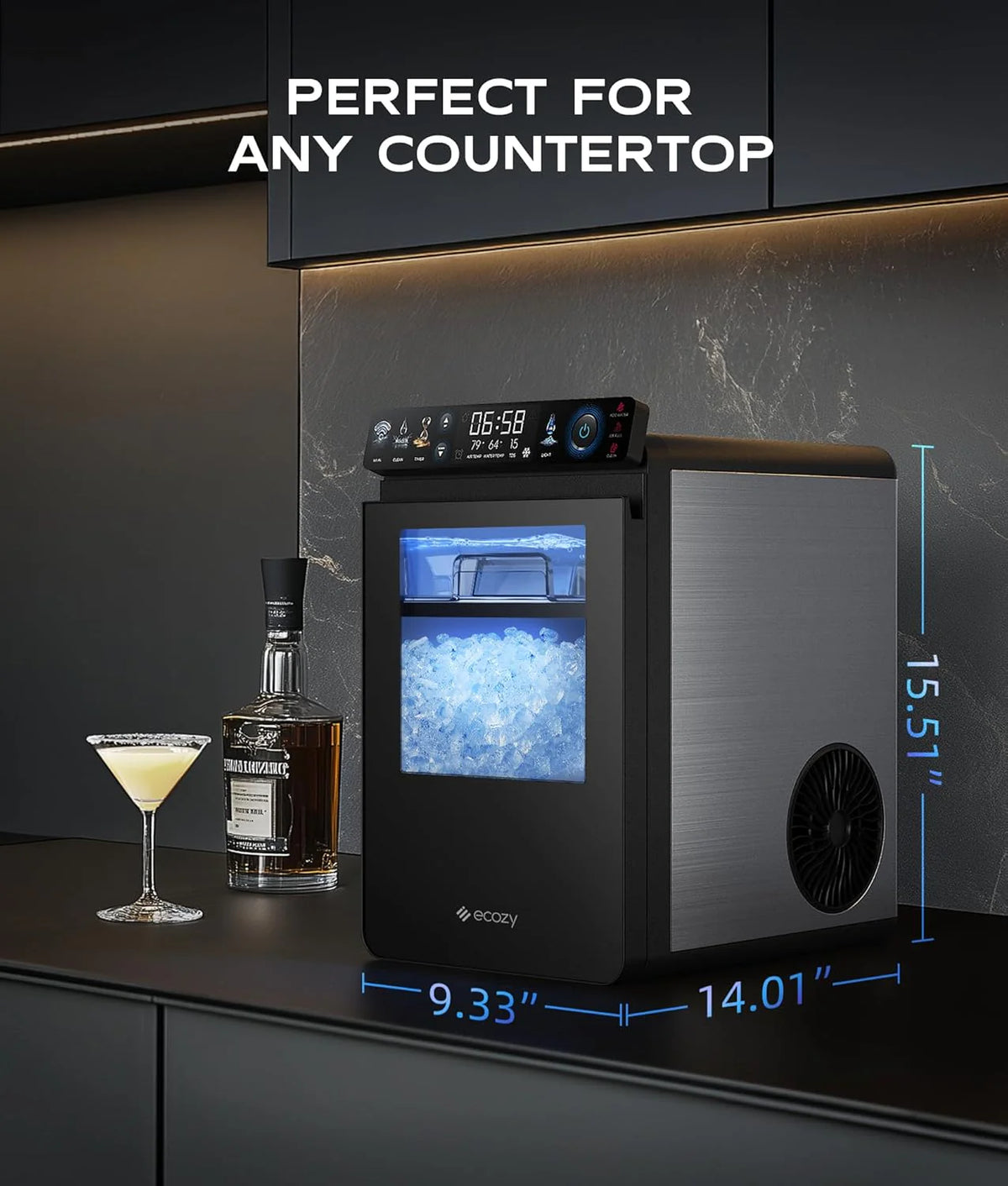 ecozy Countertop Nugget Ice Maker, 44 lbs/24H, Stainless Steel, Silver