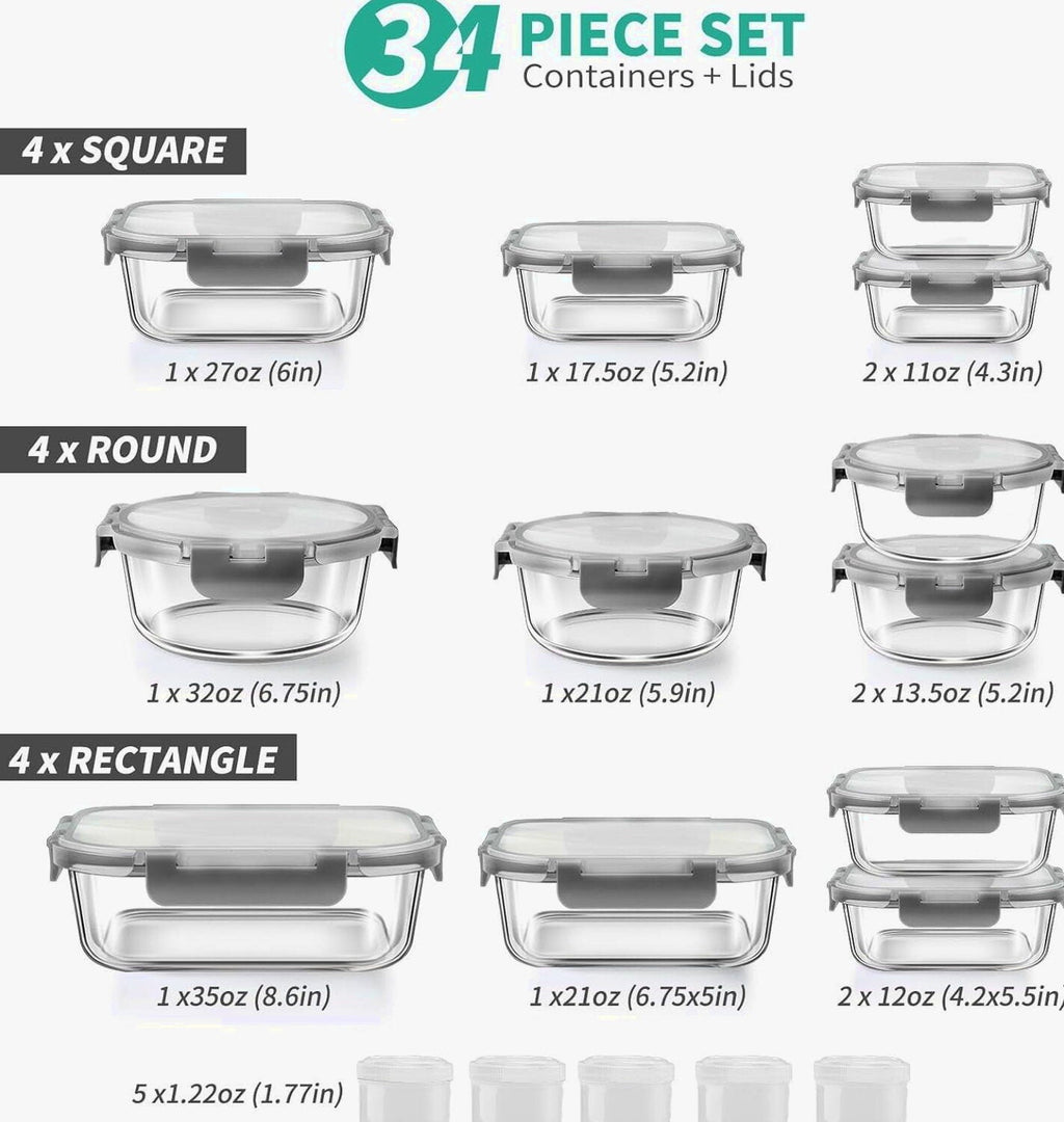 34pcs Glass Food Storage Containers with Lids Set, Airtight Meal Prep Containers (17 Containers &amp; 17 Lids), Grey