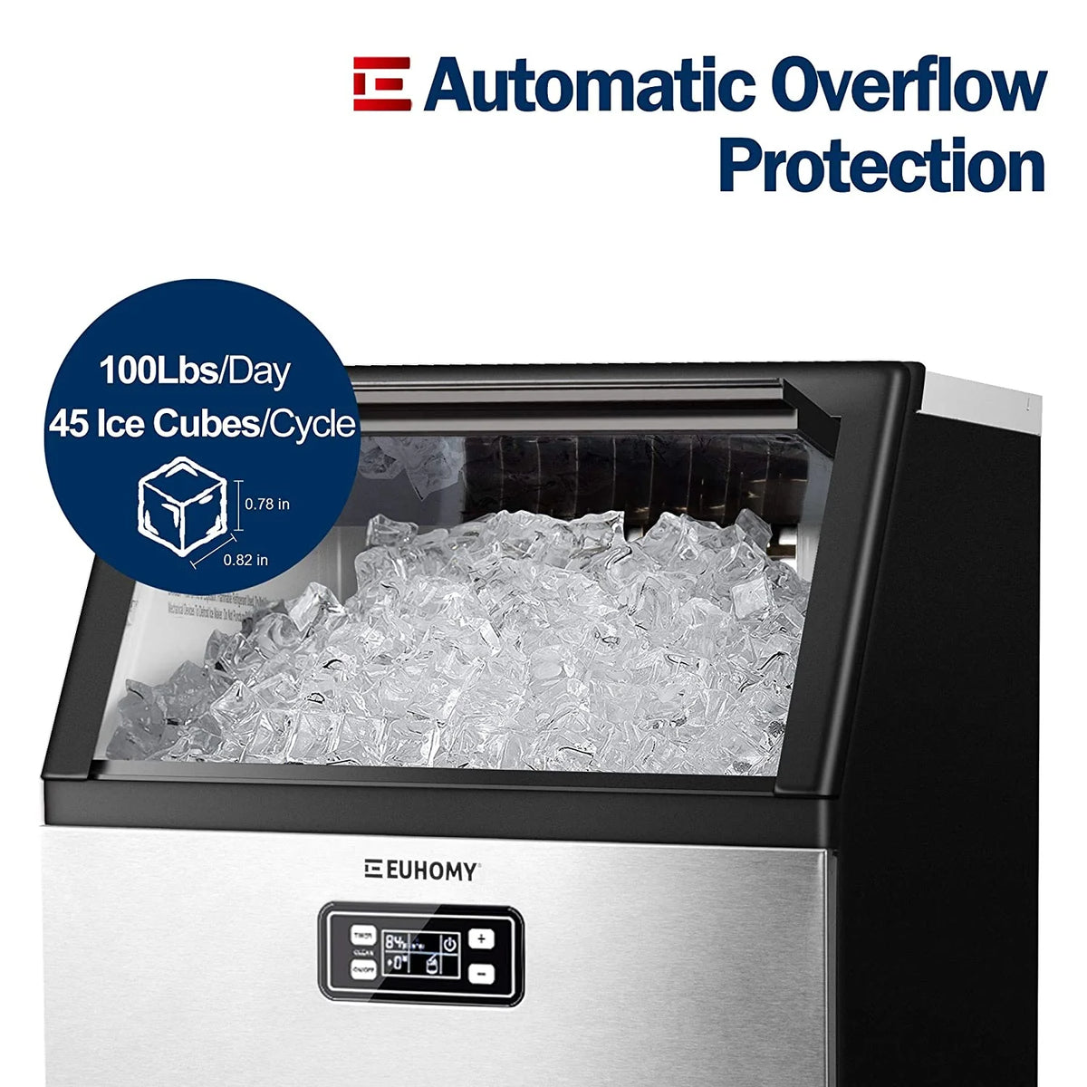 Euhomy Commercial Ice Machine, 2 Way Water Supply, 100 lbs/24H, 33 lbs Capacity - 100