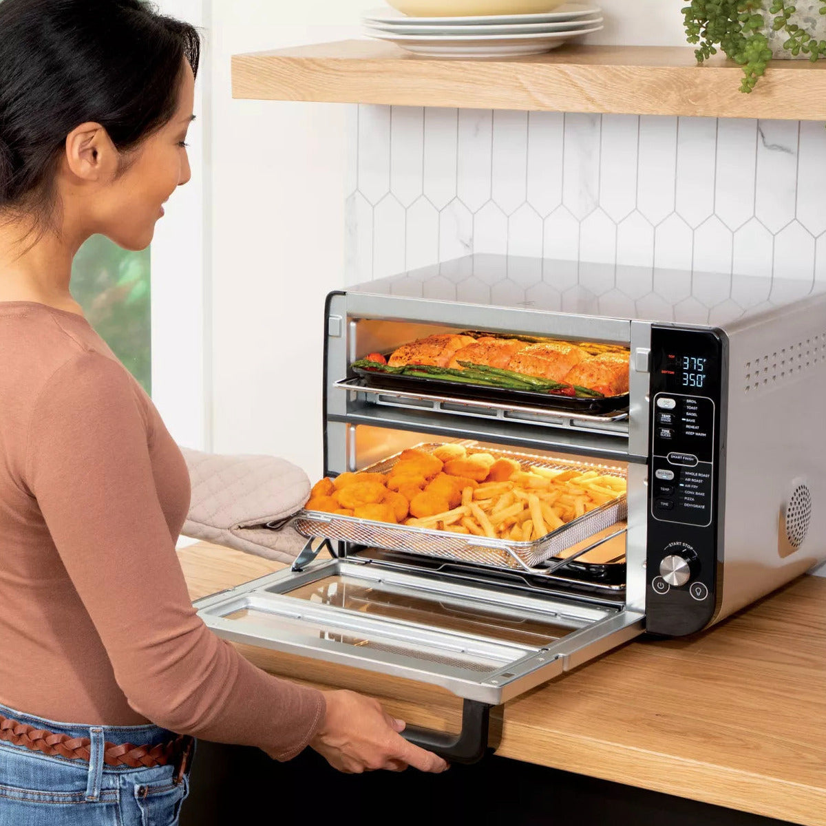 12-in-1 Double Oven with FlexDoor, FlavorSeal Smart Finish, Rapid Top Oven, Convection and Air Fry Bottom Oven DCT401