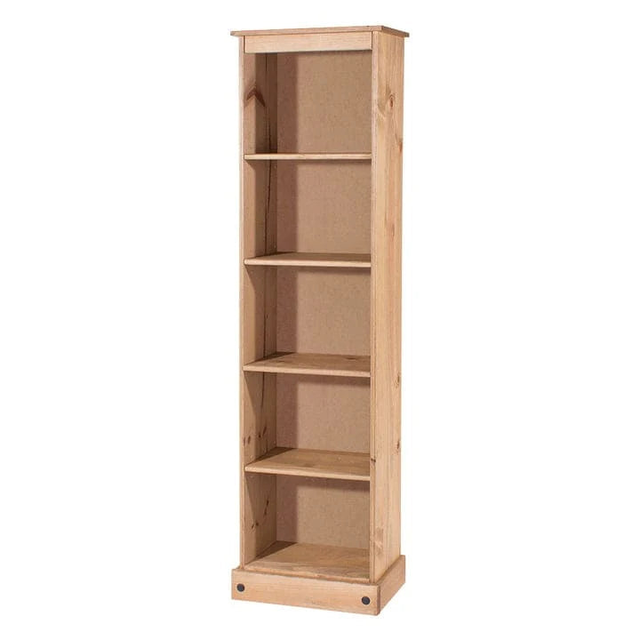 Tall Narrow Solid Pine Wood Bookcase With 5 Open Shelves
