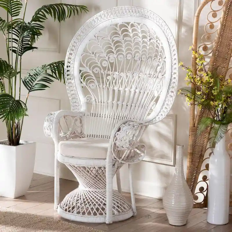 Kallima Peacock Accent Chair, White Natural Rattan, 40.90 w x 29.50 d x 58.70 h - Kallima