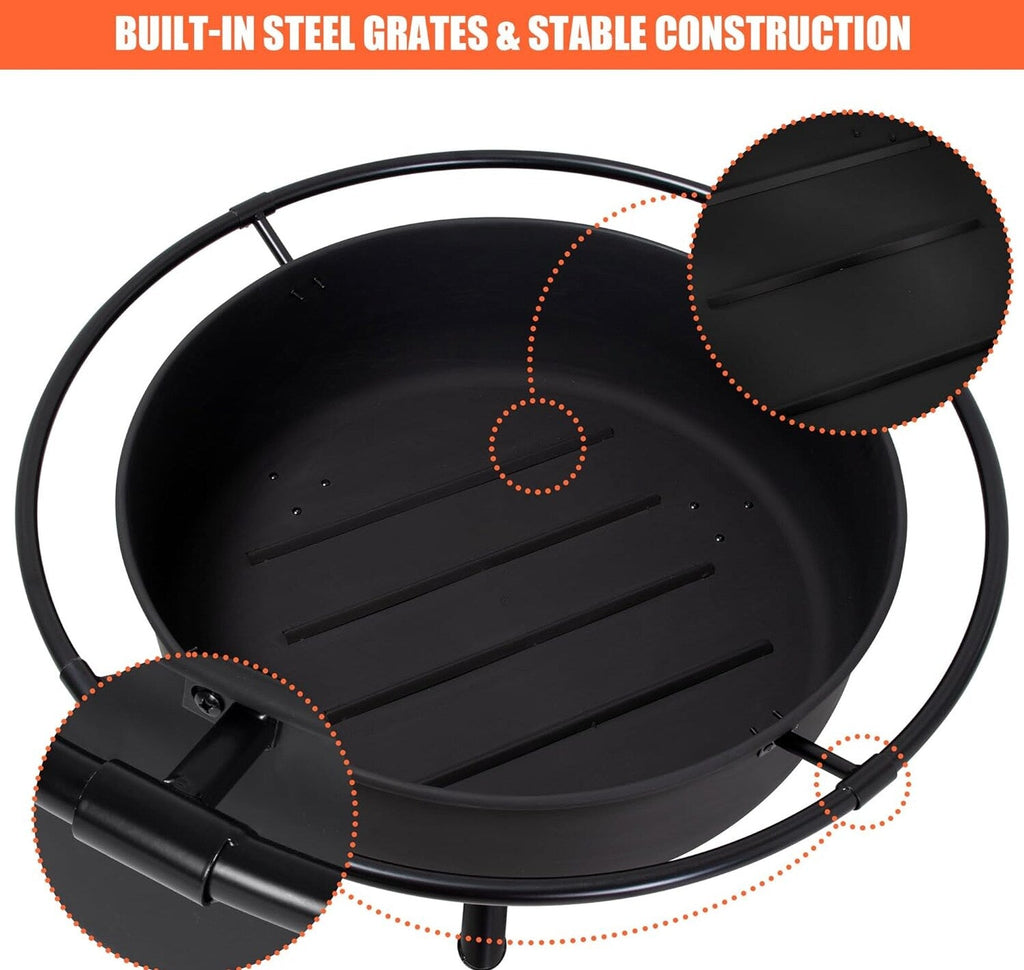 SUNCREAT 42” Patio Fire Pit Wood Burning with Mesh Spark Screen, Bonfire Outdoor firepit with Fireplace Poker, Black