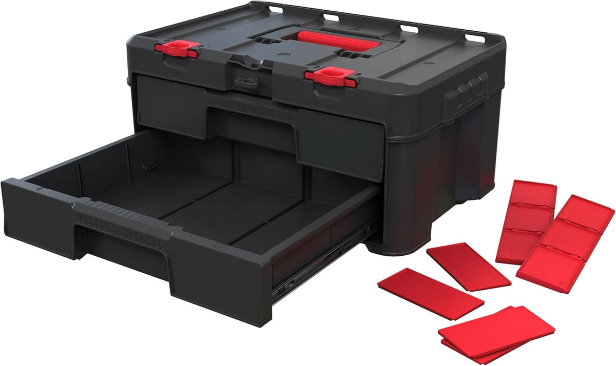 Keter Rolling Tool Box System, 3 Piece, Black/Red - 3 Piece Resin Modular Toolbox System