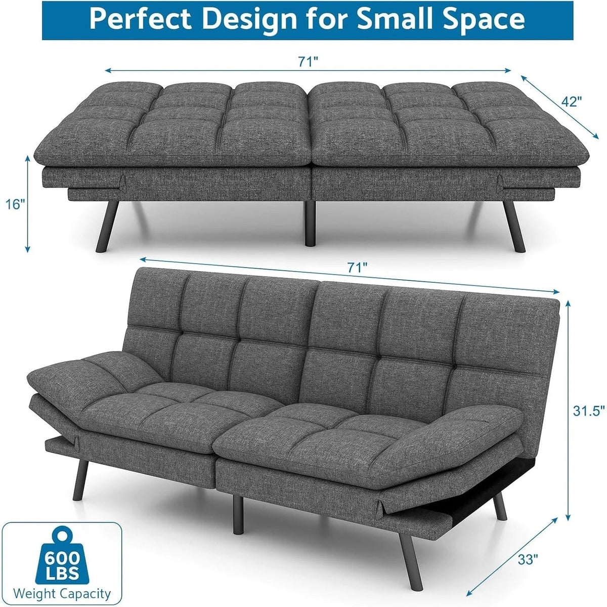 Convertible Futon Sofa Bed With Memory Foam, 71in