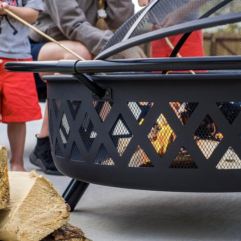 SUNCREAT 42” Patio Fire Pit Wood Burning with Mesh Spark Screen, Bonfire Outdoor firepit with Fireplace Poker, Black