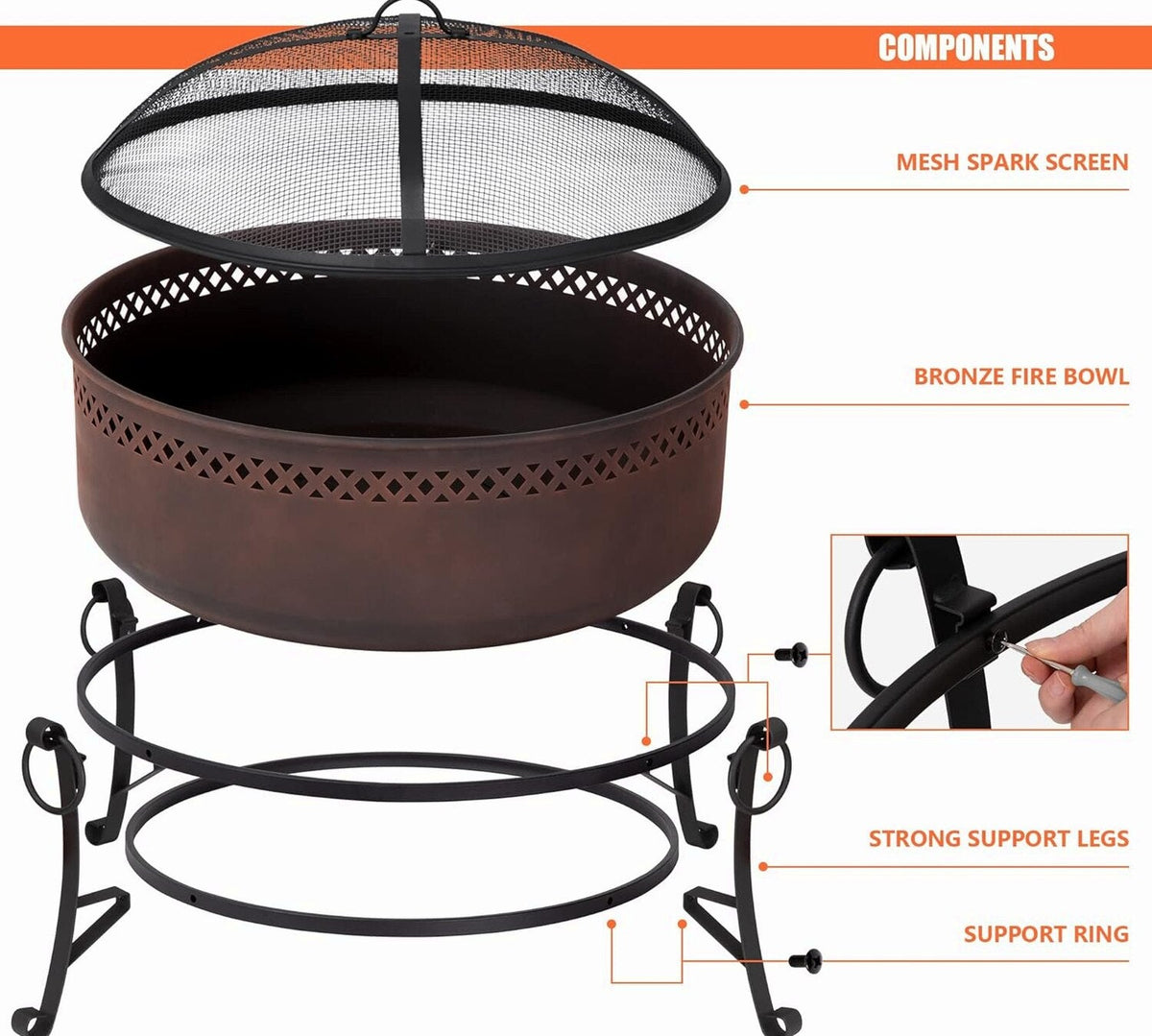 SUNCREAT 42” Patio Fire Pit Wood Burning with Mesh Spark Screen, Bonfire Outdoor firepit with Fireplace Poker, Black