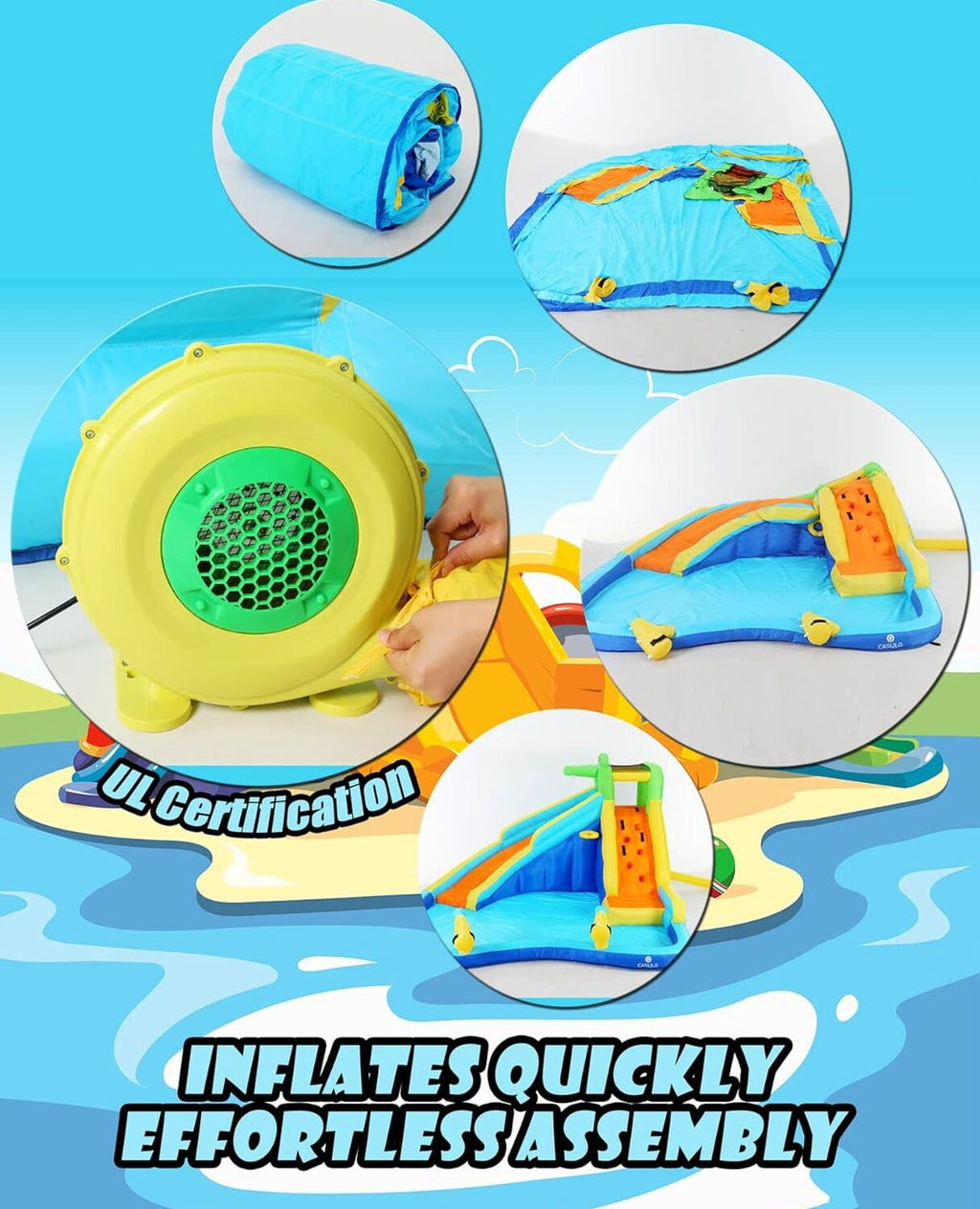 Inflatable Water Slides for Kids 8-in-1 Bounce House Water Park with 450W Blower Climbing Wall, Splash Pool, 2 Water Cannons, Basketball Hoop, Water Slide, Crocodile Sprinkler for Gift Backyard Party