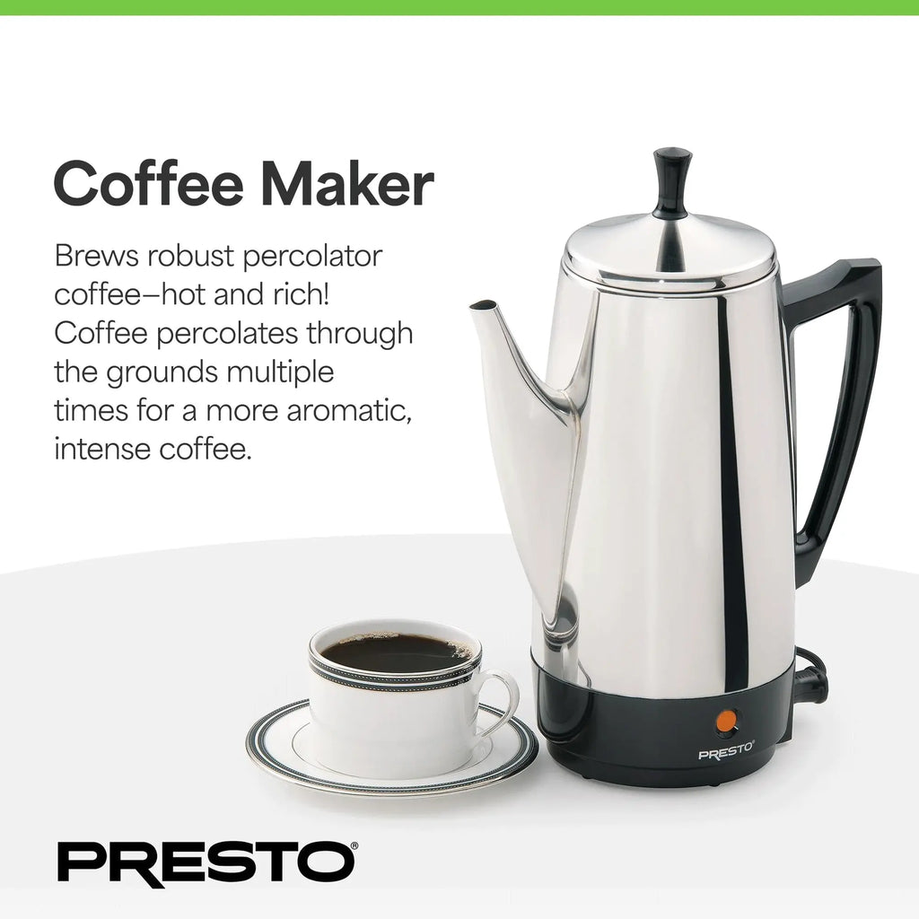 Presto Stainless Steel Coffee Maker, 12 Cup Robust Percolator Coffee, Silver - 2.79