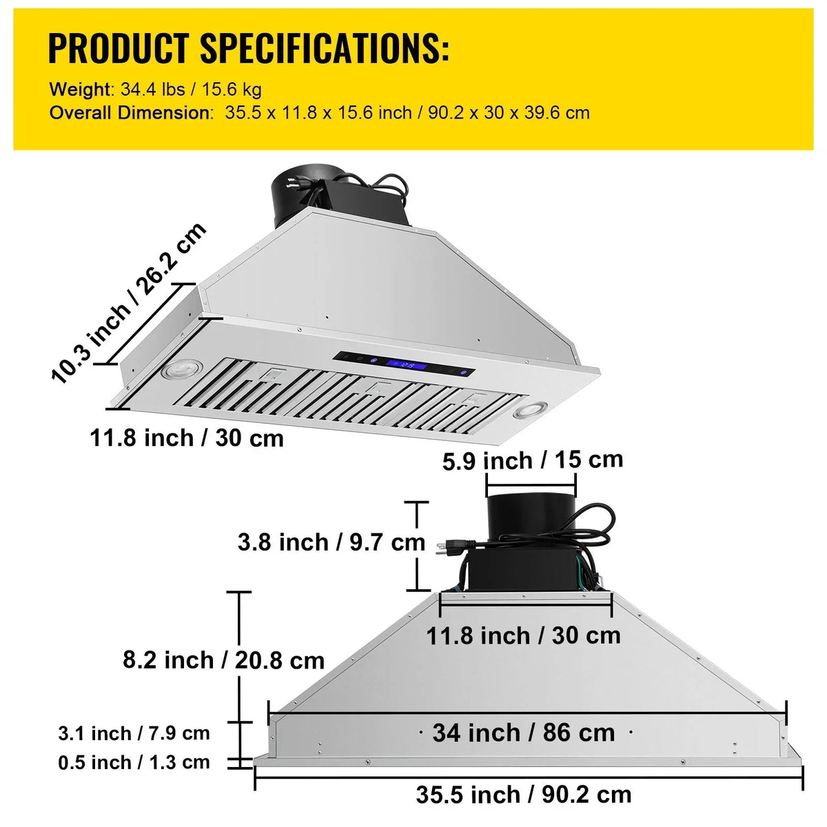 BENTISM Built-In Range Hood Insert 900CFM 36in Touch And Remote Control