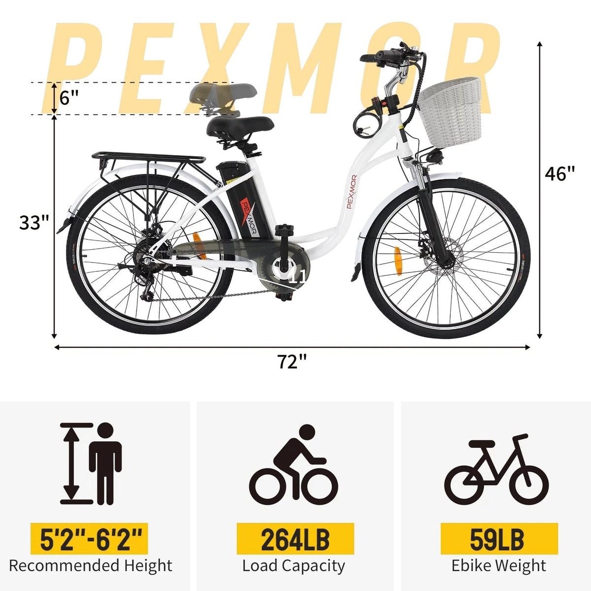 PEXMOR Electric Bike for Adults 350W (Peak 500W) City Commuter Ebike 36V 12.5AH Removable Battery 26" Cruiser Electric Bicycle Shimano 6-Speed | Dual Shock Absorber | Basket