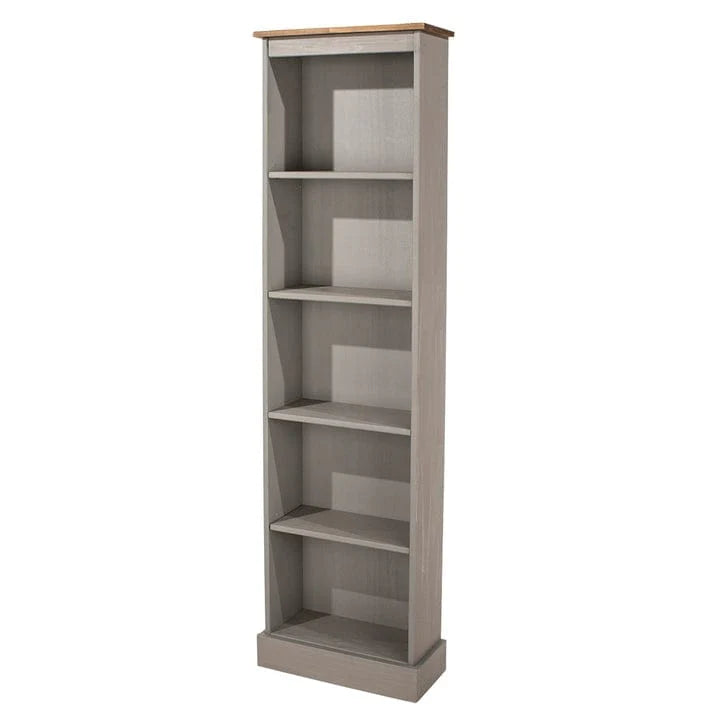 Tall Narrow Solid Pine Wood Bookcase With 5 Open Shelves