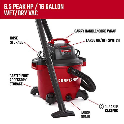 Craftsman 16 Gallon 6.5 Peak HP Wet/Dry Vac, Red - CMXEVBE17595